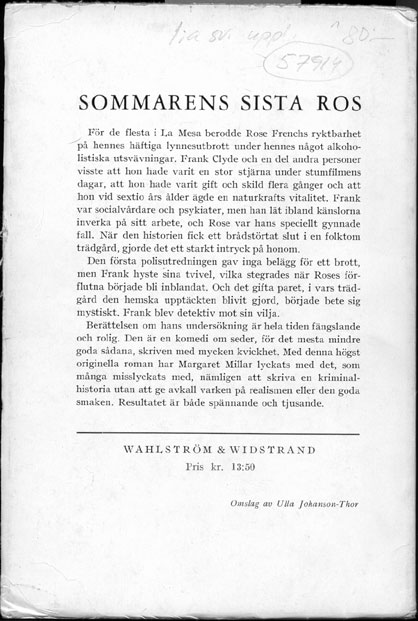 back page of Rose’s last summer. Stockholm : Wahlström & Widstrand, 1953